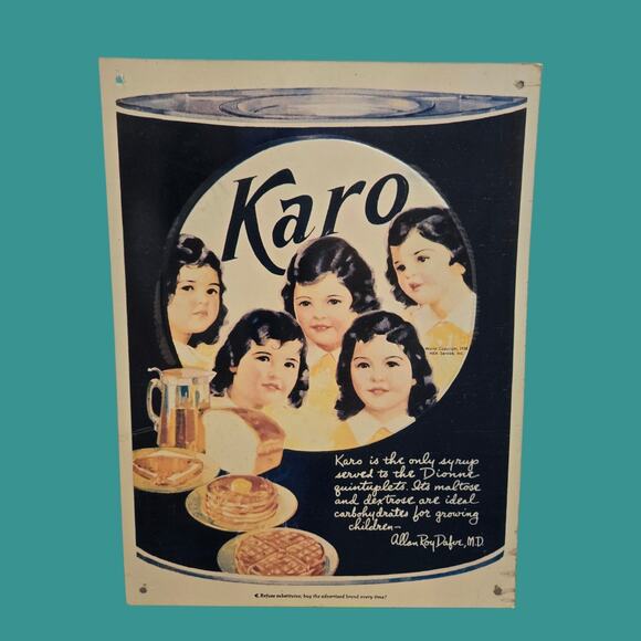 Karo Syrup Tin Metal Sign Quintuplets Retro Kitchen 1938 Advert VTG Reproduction - Picture 1 of 11